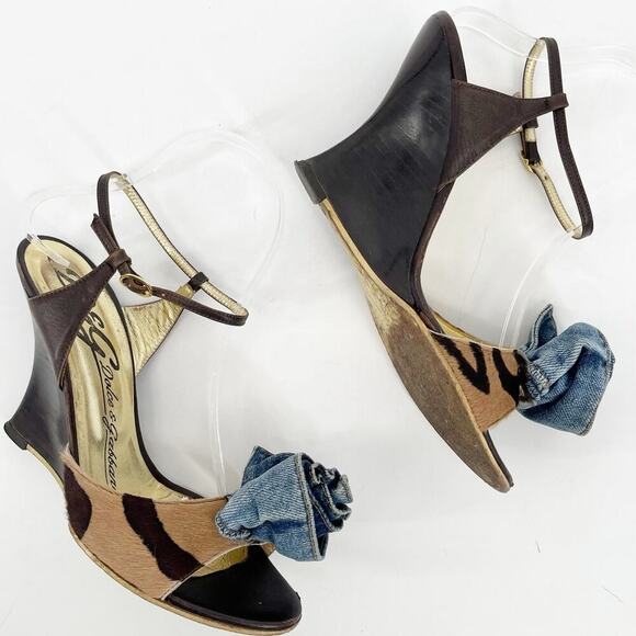 Dolce & Gabbana Vintage y2k Leopard Calf Hair Denim Flower Wedge Sandal IT 38.5 - Picture 6 of 12
